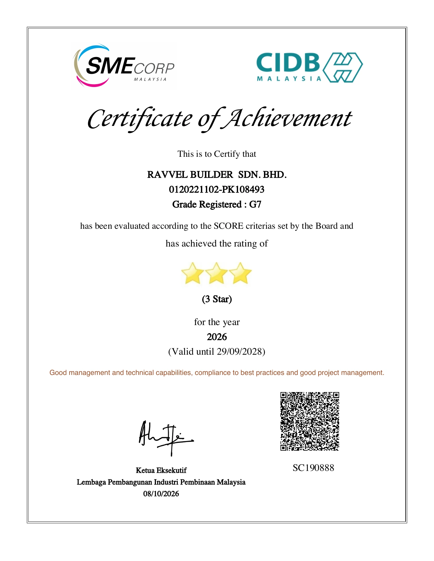 CIDB Score - 3 Star certificate - page 1